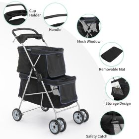 Pet Stroller for 2 Dogs and Cats, Double 4 Wheel Cat Pet Carriers Bag Jogger for Small Medium Pets, Waterproof Folding Crate with Soft Pad, Black